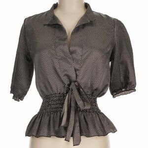Tempted Hearts Brown Polka Dot Tie-Front Smocked Peplum Blouse